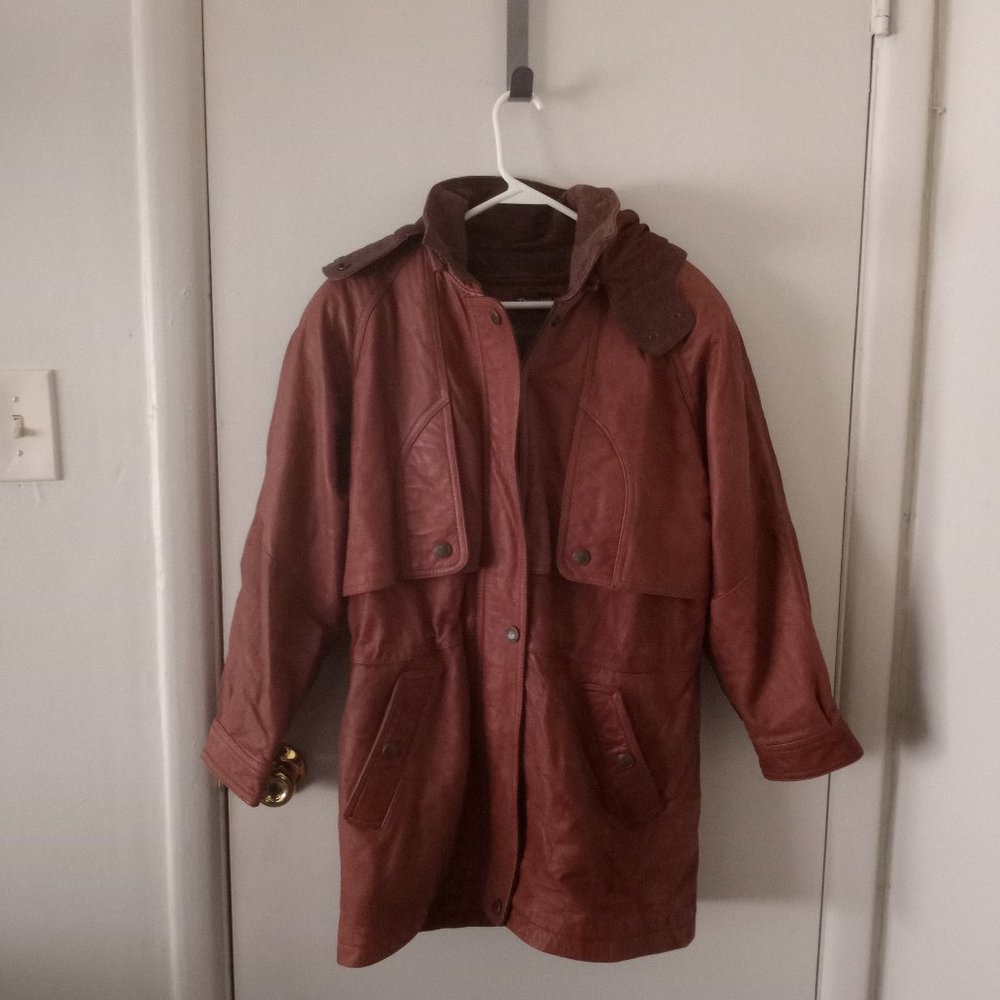VTG Heavy Long Hooded Brown Leather Jacket - Picture 2 of 16